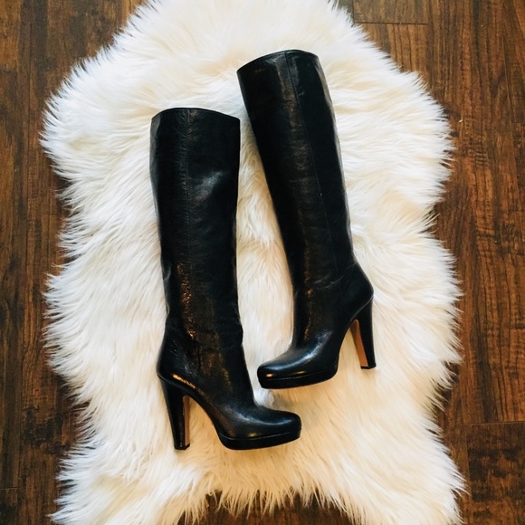 Prada Shoes - •Prada• Black Cracked Leather Knee High Boots